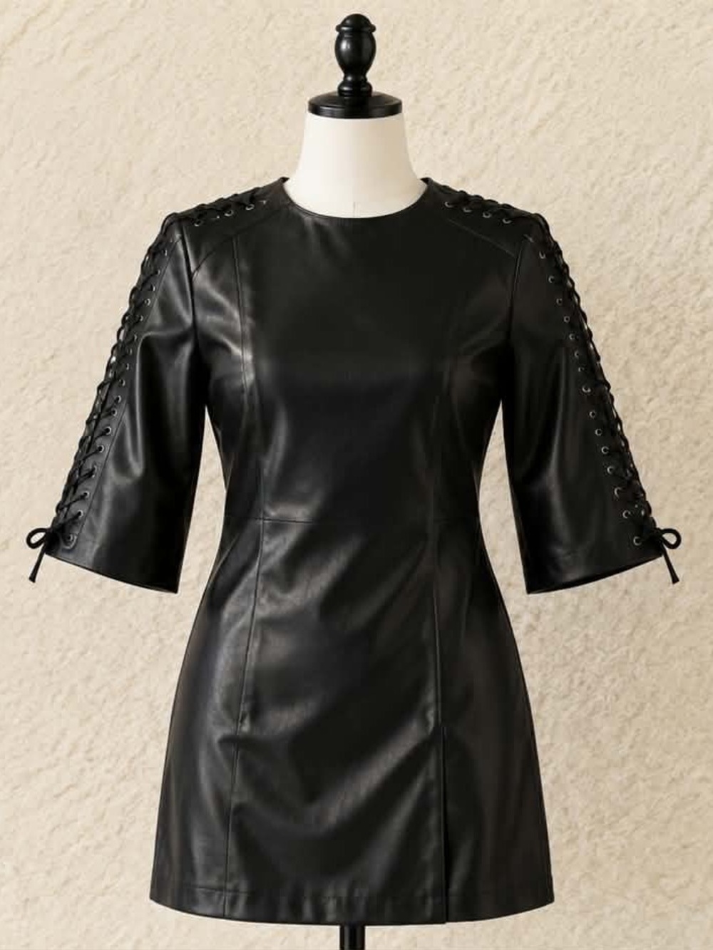 Zara Black Faux Leather Mini Dress with Lace-Up Sleeves